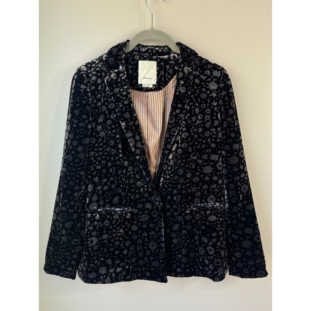 Elevenses Blazer Black Velvet Floral Burnout Single Button Notch Lapel Size 0